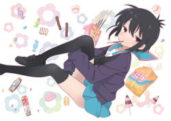 Rule 34 | 1girl, a channel, black footwear, black hair, black neckerchief, black thighhighs, blue skirt, candy, eyebrows, floral background, food, highres, ichii tooru, knee up, kuroda bb, loafers, looking at viewer, macaron, miniskirt, neckerchief, non-web source, official art, pocky, red eyes, school uniform, serafuku, shoes, short hair, sidelocks, skirt, sleeves past fingers, sleeves past wrists, snack, snickers (brand), solo, sweater, thighhighs, wrapped candy, zettai ryouiki