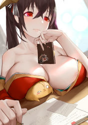 Rule 34 | 1girl, absurdres, azur lane, bare shoulders, black hair, blush, book, breasts, cleavage, crossed bangs, hair between eyes, hair ribbon, highres, holding, huge breasts, japanese clothes, kimono, large breasts, long hair, manjuu (azur lane), mask, mask on head, off shoulder, oshin0 (zheng), red eyes, red kimono, ribbon, sitting, solo, taihou (azur lane), twintails
