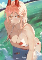 Rule 34 | 1girl, arm under breasts, bare shoulders, bikini, blue sky, blush, breast padding, breasts, chainsaw man, cleavage, cloud, collarbone, cross-shaped pupils, day, demon girl, demon horns, fadingz, hair between eyes, highres, horns, leaning on object, lips, medium breasts, orange eyes, outdoors, parted lips, pink hair, polka dot, polka dot bikini, power (chainsaw man), red horns, sharp teeth, skindentation, sky, solo, swimsuit, symbol-shaped pupils, teeth, wading, water