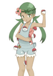 Rule 34 | &gt;:o, 1girl, :o, bare arms, bare legs, bare shoulders, between legs, breasts, cleavage, collarbone, cowboy shot, creatures (company), dark-skinned female, dark skin, flower, game freak, green eyes, green hair, hair flower, hair ornament, headband, holding, holding poke ball, long hair, looking away, looking to the side, mallow (pokemon), nintendo, no bra, overalls, pink shirt, poke ball, poke ball (basic), pokemon, pokemon sm, pouch, shirt, shorts, simple background, small breasts, solo, standing, strapless, suspenders, toshishikisai, trial captain, twintails, undershirt, v-shaped eyebrows, white background