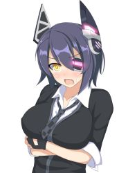Rule 34 | 10s, 1girl, breast hold, breasts, eyepatch, fang, fingerless gloves, gloves, headgear, kantai collection, necktie, open mouth, personification, purple hair, short hair, solo, sweatdrop, takaman (gaffe), tenryuu (kancolle), yellow eyes
