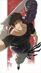 Rule 34 | 1boy, abs, belt, black belt, black cat207, black eyes, black footwear, black hair, black shirt, full body, fushiguro touji, grey pants, grin, highres, holding, holding sword, holding weapon, jujutsu kaisen, looking at viewer, monster, muscular, muscular male, pants, red background, shirt, shoes, smile, solo, sword, teeth, tight clothes, tight shirt, two-tone background, weapon, white background