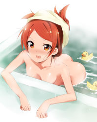 Rule 34 | 10s, 1girl, :d, alternate hairstyle, ass, bath, bathing, bathtub, blush, brown eyes, brown hair, completely nude, fang, idolmaster, idolmaster million live!, kaiga, long hair, looking at viewer, nude, ogami tamaki, open mouth, rubber duck, smile, solo, towel, towel on head, water, wet, yellow towel