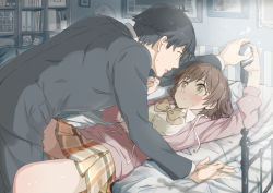 Rule 34 | 10s, 1boy, 1girl, arm up, bed, black hair, blush, brown eyes, brown hair, cellphone, commentary request, formal, honda mio, hood, hooded track jacket, idolmaster, idolmaster cinderella girls, jacket, leaning forward, looking at another, lying, on back, open mouth, phone, plaid, plaid skirt, pleated skirt, producer (idolmaster), producer (idolmaster cinderella girls anime), school uniform, short hair, skirt, suit, sumi (tkzk525), sweat, sweatdrop, track jacket