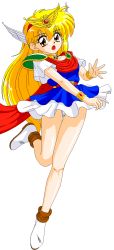 Rule 34 | 1990s (style), 1girl, akazukin chacha, aliasing, belt, blonde hair, blue dress, blush, bracelet, brooch, brown eyes, collar, dress, full body, highres, jewelry, long hair, looking at viewer, magical princess, open mouth, panties, pantyshot, retro artstyle, short dress, short sleeves, solo, standing, standing on one leg, tagme, transparent background, underwear, white footwear, white panties, winged hair ornament