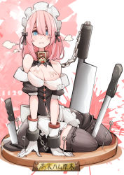 Rule 34 | 1girl, apron, bdsm, blue eyes, body writing, bondage, bound, breasts, chain, cleavage, cleaver, collar, cuffs, gradient background, highres, knife, looking at viewer, maid headdress, original, pink hair, solo, takagi (tansuke), tansuke
