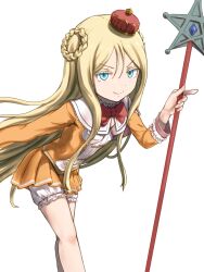 Rule 34 | 1girl, blonde hair, blue eyes, commentary request, cosplay, cosplay request, genshiken, hat, long hair, looking at viewer, magical girl, naughty face, otaku, pointing, pointing forward, ribbon, smirk, susanna hopkins, very long hair, wand, white background