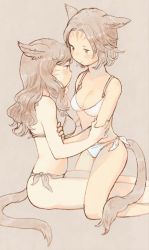 Rule 34 | 2girls, animal ears, bikini, blush, breasts, brown background, brown eyes, cat ears, cat tail, cleavage, facial mark, final fantasy, final fantasy xiv, hand on another&#039;s face, highres, holding another&#039;s arm, kneeling, light brown hair, long hair, looking at another, medium breasts, miqo&#039;te, mozuku (mozuuru0323), multiple girls, short hair, sitting, swimsuit, tail, white bikini, yuri