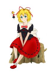 Rule 34 | 1girl, absurdres, between legs, black shirt, black skirt, blonde hair, blue eyes, bow, braco, collar, fairy wings, floral print, frilled collar, frilled shirt collar, frilled socks, frills, full body, hair bow, hair ribbon, hand between legs, highres, looking to the side, medicine melancholy, red footwear, red shirt, red skirt, ribbon, ribbon-trimmed clothes, ribbon-trimmed skirt, ribbon trim, shirt, shoes, short hair, simple background, sitting, skirt, smile, socks, solo, su-san, touhou, tree stump, wavy mouth, white background, white socks, wing collar, wings