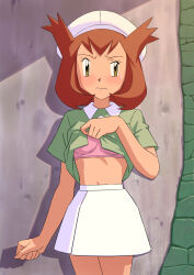 Rule 34 | 1girl, absurdres, beret, bianca (pokemon heroes), blush, bra, breasts, brown eyes, brown hair, clenched hand, closed mouth, clothes lift, commentary request, cowboy shot, creatures (company), day, eyelashes, frown, game freak, green shirt, half-closed eye, hat, highres, lifting own clothes, miraa (chikurin), nintendo, outdoors, pink bra, pokemon, pokemon (anime), pokemon (classic anime), pokemon heroes: latios &amp; latias, shirt, shirt lift, short sleeves, skirt, solo, sweatdrop, two side up, underwear, white hat, white skirt