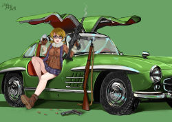 Rule 34 | 1girl, artist name, artist request, bare legs, bare shoulders, black skirt, blush, boots, breasts, brown coat, brown footwear, brown gloves, brown hair, car, checkered clothes, checkered scarf, checkered skirt, coat, collarbone, earmuffs, female focus, food, full body, fur-trimmed coat, fur-trimmed gloves, fur trim, glasses, gloves, green background, hair between eyes, holding, holding food, holding weapon, knee up, koizumi hanayo, leg up, long sleeves, looking at viewer, love live!, love live! school idol project, miniskirt, motor vehicle, onigiri, parted lips, plaid, plaid skirt, pleated, pleated skirt, purple eyes, scarf, short hair, skirt, small breasts, smile, solo, weapon