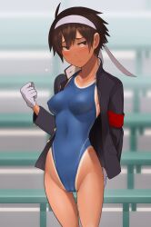 Rule 34 | 1girl, absurdres, black eyes, black hair, blush, breasts, cameltoe, clenched hand, closed mouth, commentary, competition swimsuit, covered navel, dark skin, frown, gloves, headband, highleg, highleg swimsuit, highres, indoors, jacket, looking at viewer, lvi, medium breasts, nervous, one-piece swimsuit, one-piece tan, open clothes, open jacket, original, short hair, solo, standing, swimsuit, tan, tanline, tomboy, white gloves, white headband