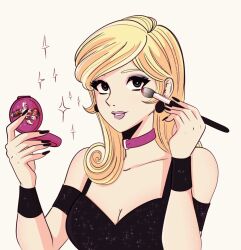 Rule 34 | 1girl, angel (big o), applying makeup, big fau, black dress, black eyes, black eyeshadow, blonde hair, breasts, brown background, cleavage, collar, collarbone, compact (cosmetics), dress, eyeshadow, french commentary, hair behind ear, highres, holding compact, long hair, looking at viewer, looking up, makeup, makeup brush, medium breasts, megadeus mommy, off-shoulder dress, off shoulder, parted lips, portrait, purple collar, purple lips, smile, solo, sparkle, super robot wars, super robot wars z, super robot wars z1, the big o, wristband
