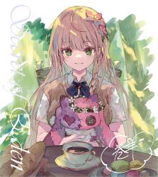Rule 34 | 1girl, baguette, braid, bread, brigare, brown hair, chair, cup, flower, food, green eyes, hair between eyes, hair flower, hair ornament, long hair, looking at viewer, macaron, makihitsuji, hugging object, on chair, parted lips, plate, red flower, saucer, signature, smile, solo, stuffed animal, stuffed cat, stuffed toy, table, very long hair
