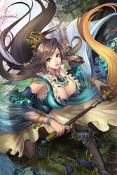 Rule 34 | 1girl, black thighhighs, blurry, boots, bracelet, breasts, brown eyes, brown hair, chain, cleavage, cloud, crown, depth of field, detached sleeves, eyebrows, eyelashes, fingernails, flower, frills, gem, grass, hair ornament, high heel boots, high heels, holding, holding weapon, hossu, jewelry, large breasts, long fingernails, long hair, looking at viewer, maotu, marble, necklace, official art, on one knee, original, outdoors, parted lips, pendant, pink lips, see-through, sharp fingernails, sky, solo, swept bangs, tassel, thighhighs, tree, weapon, yin yang