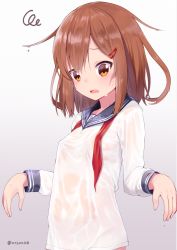Rule 34 | 1girl, blush, brown eyes, brown hair, covered erect nipples, dx (dekusu), fang, gradient background, grey background, hair between eyes, hair ornament, hairclip, highres, ikazuchi (kancolle), kantai collection, long sleeves, neckerchief, open mouth, red neckerchief, see-through, shirt, solo, squiggle, twitter username, undone neckerchief, upper body, wet, wet clothes, wet hair, wet shirt, white background
