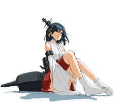 Rule 34 | 10s, 1girl, bare shoulders, black hair, detached sleeves, hair ornament, kantai collection, long sleeves, machinery, nontraditional miko, red eyes, red skirt, shirubaburu, short hair, simple background, sitting, skirt, solo, turret, white background, yamashiro (kancolle)