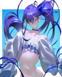 Rule 34 | 1girl, bare shoulders, blue bow, border, bow, closed mouth, collarbone, earrings, eyelashes, fate/grand order, fate (series), frills, gradient background, hair between eyes, highres, jewelry, long eyelashes, long hair, looking at viewer, meltryllis, meltryllis (fate), meltryllis (swimsuit lancer) (fate), navel, nicholas f, parted lips, ponytail, purple eyes, purple hair, sleeves past fingers, sleeves past wrists, smile, solo, very long hair, white border