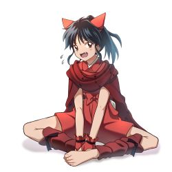 Rule 34 | 1girl, barefoot, black hair, blush, bow, brown eyes, butterfly sitting, capelet, cloak, commentary request, cream 25, fang, gloves, hair bow, han&#039;you no yashahime, highres, japanese clothes, kimono, long hair, moroha (inuyasha), open mouth, shorts, sitting, toeless legwear