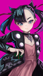 Rule 34 | 1girl, absurdres, asymmetrical bangs, black choker, black hair, black jacket, choker, closed mouth, commentary request, creatures (company), dress, dusk ball, earrings, eyelashes, eyeshadow, game freak, hair ribbon, highres, holding, holding poke ball, jacket, jewelry, long sleeves, looking at viewer, makeup, marnie (pokemon), nintendo, open clothes, open jacket, pink background, pink dress, poke ball, pokemon, pokemon swsh, red ribbon, ribbon, sirowakuro, solo, twintails