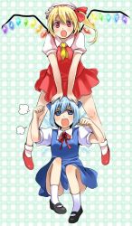 Rule 34 | 2girls, :o, ascot, bad id, bad pixiv id, blonde hair, blue dress, blue eyes, blue hair, chiroru, cirno, crystal, dress, female focus, flandre scarlet, looking at viewer, multiple girls, open mouth, puffy short sleeves, puffy sleeves, red dress, short sleeves, side ponytail, embodiment of scarlet devil, touhou