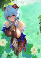 Rule 34 | 1girl, ahoge, anming, bell, black bodysuit, blue hair, bodystocking, bodysuit, breasts, chinese knot, cowbell, curled horns, detached sleeves, ganyu (genshin impact), genshin impact, goat horns, highres, horns, inverted nipples, large breasts, long hair, low ponytail, neck bell, purple eyes, red rope, rope, sidelocks, solo, standing, wading, white sleeves