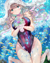 Rule 34 | 1girl, barefoot, bouquet, breasts, bridal veil, commentary request, competition swimsuit, covered navel, fish, flower, green eyes, grey hair, groin, highres, kneeling, large breasts, long hair, multicolored clothes, multicolored swimsuit, ogata tei, one-piece swimsuit, original, solo, surgeonfish, swimsuit, thigh gap, underwater, veil