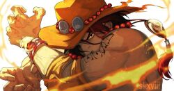 Rule 34 | 1boy, armband, artist name, bead necklace, beads, covering own mouth, cowboy hat, fire, freckles, hair between eyes, hat, jewelry, log pose, looking at viewer, male focus, muscular, muscular male, necklace, one eye covered, one piece, portgas d. ace, red hair, short hair, sid (skxviii), solo, tattoo, topless male, upper body, veins, veiny arms, veiny hands