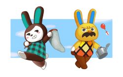 Rule 34 | animal crossing, animal ears, argyle, balloon, black eyes, blue background, blue sky, blush, border, bottomless, box, butterfly net, carmen (animal crossing), cloud, commentary request, day, facial hair, full body, furrowed brow, gaston (animal crossing), gift, gift box, gingham, grin, hand net, happy, holding, kondate (inugrm), looking at viewer, mustache, nintendo, open mouth, outdoors, outside border, rabbit ears, rabbit tail, red ribbon, ribbon, sky, sleeveless, smile, tail, walking, watering can, white border