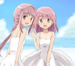 Rule 34 | 2girls, alternate costume, arms at sides, bare arms, blue sky, blunt bangs, blurry, blurry background, braid, breasts, cloud, cloudy sky, collarbone, commentary request, corsage, day, dot nose, dress, flower, from side, hand up, happy, head wreath, kaname madoka, kinfuji, light blush, light particles, long hair, looking at viewer, looking back, low-tied long hair, low ponytail, magia record: mahou shoujo madoka magica gaiden, mahou shoujo madoka magica, medium hair, multiple girls, open mouth, outdoors, pink eyes, pink hair, shiny skin, side-by-side, sidelocks, skinny, sky, sleeveless, sleeveless dress, small breasts, smile, spaghetti strap, sundress, tamaki iroha, tareme, tsurime, upper body, waving, white dress, white flower, wide-eyed