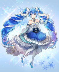Rule 34 | 1girl, absurdres, bad id, bad pixiv id, blue background, blue dress, blue eyes, blue hair, detached sleeves, dress, fortissimo, full body, hair ornament, hatsune miku, highres, long hair, looking at viewer, musical note, musical note hair ornament, nekojita (ika neko46), open mouth, pantyhose, snowflakes, solo, tiara, twintails, very long hair, vocaloid, white pantyhose, yuki miku