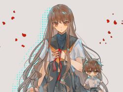 1boy 1girl black_sailor_collar brown_eyes brown_hair character_doll falling_petals fate/grand_order fate_(series) grey_background highres kishinami_hakuno_(female) kishinami_hakuno_(female)_(mooncancer) kishinami_hakuno_(male) kishinami_hakuno_(male)_(mooncancer) long_hair looking_at_viewer neckerchief orange_neckerchief petals rose_petals sailor_collar shirt short_hair simple_background sitting tenkiame_(myonl) turtleneck