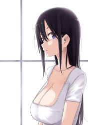 Rule 34 | 1girl, black hair, breasts, cleavage, from side, highres, large breasts, long hair, looking at viewer, looking to the side, mole, mole under eye, original, parted lips, purple eyes, rucchiifu, short sleeves, shorts, sideways glance, sideways mouth, solo, upper body, white shorts