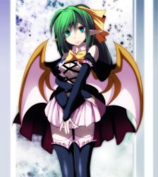 Rule 34 | 1girl, :|, alternate costume, alternate hair length, alternate hairstyle, alternate wings, bad id, bad pixiv id, bare shoulders, bow, breasts, center opening, cleavage, closed mouth, cowboy shot, daiyousei, dark persona, detached sleeves, fairy wings, frown, green eyes, green hair, highres, long hair, looking at viewer, matching hair/eyes, medium breasts, pointy ears, skirt, solo, thighhighs, touhou, tsukishiro saika, wings, zettai ryouiki