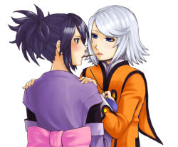 Rule 34 | 00s, 2girls, black hair, blue eyes, blush, brown eyes, candy, capelet, coat, couple, eye contact, facing another, food, fujibayashi sheena, gloves, hands on another&#039;s shoulders, hands on shoulders, hands up, high ponytail, holding, holding food, holding pocky, jacket, japanese clothes, kimono, lips, long hair, long sleeves, looking at another, multiple girls, ninja, obi, orange coat, orange jacket, parted lips, pink ribbon, pocky, ponytail, purple hair, purple kimono, raine sage, ribbon, sash, shared food, short hair, silver hair, simple background, tales of (series), tales of symphonia, teeth, upper body, white background, yuri
