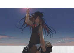 Rule 34 | 1girl, absurdres, aged down, angelia (girls&#039; frontline), black dress, black hair, blueblossom, brown eyes, closed mouth, cloud, collared shirt, commentary, dated, dress, english commentary, english text, evening, girls&#039; frontline, hand up, highres, knee up, long hair, long sleeves, neckerchief, red neckerchief, shirt, sky, solo, star (sky), white shirt