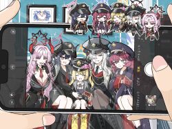 5girls :d ;d \||/ ^_^ black_bow black_gloves black_hair black_hat black_jacket blonde_hair blue_archive blush bow breasts chiaki_(blue_archive) chibi chibi_inset cleavage closed_eyes closed_mouth collared_shirt commentary_request curved_horns demon_girl demon_horns facing_viewer feet_out_of_frame gloves grey_eyes grey_hair hair_bow hair_intakes hair_over_one_eye hand_up happy hat hat_bow hat_ornament heart heart_hat_ornament highres horns ibuki_(blue_archive) indoors iroha_(blue_archive) jacket large_breasts long_bangs long_hair long_sleeves looking_at_viewer makoto_(blue_archive) military_hat multiple_girls necktie one_eye_closed one_eye_covered open_mouth pandemonium_society_(blue_archive) peroro_(blue_archive) photo_(object) pink_bow pink_hair pointy_ears pov red_eyes red_hair red_necktie repi_021931 satsuki_(blue_archive) shirt side-by-side sitting smile sparkle tsurime twintails very_long_hair wavy_hair white_shirt wide_sleeves