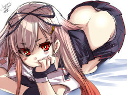 Rule 34 | 10s, 1girl, all fours, ass, bad id, bad pixiv id, blonde hair, bridal gauntlets, butt crack, clothes pull, downpants, hair flaps, hair ribbon, head rest, kantai collection, kneehighs, panties, panty pull, red eyes, ribbon, signature, skirt, skirt pull, socks, solo, tokita monta, underwear, yuudachi (kancolle), yuudachi kai ni (kancolle)