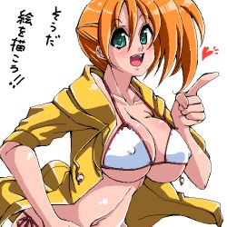Rule 34 | 1girl, bikini, blush, breasts, covered erect nipples, creatures (company), game freak, green eyes, gym leader, heart, huge breasts, jacket, misty (pokemon), nintendo, open clothes, open mouth, orange hair, poke ball, pokemon, pokemon: the electric tale of pikachu, red hair, satsuki imonet, short hair, side-tie bikini bottom, side ponytail, simple background, solo, swimsuit, translation request, white background