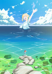 Rule 34 | 2girls, :d, ^ ^, absurdres, amano pikamee, arm up, beach, bird, black hairband, blonde hair, blue shorts, blue skirt, closed eyes, cloud, colored inner hair, commentary, english commentary, from behind, giant, giantess, green hair, hairband, hand up, highres, hikasa tomoshika, horizon, long sleeves, multicolored hair, multiple girls, ocean, off-shoulder shirt, off shoulder, open mouth, partially submerged, putridcheese, red hair, rock, sharp teeth, shirt, shorts, skirt, sleeves rolled up, smile, teeth, twintails, upper teeth only, virtual youtuber, voms, waving, white shirt, wide sleeves