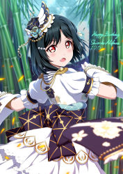 Rule 34 | 1girl, bamboo, bamboo forest, birthday, bow, character name, check commentary, commentary request, dark green hair, dated, detached sleeves, dress, english text, fang, forest, frilled dress, frills, hair bow, happy birthday, highres, looking at viewer, love live!, love live! nijigasaki high school idol club, love live! school idol festival all stars, mifune shioriko, nature, orange hair, puffy short sleeves, puffy sleeves, shiimai, short hair, short sleeves, sidelocks, solo
