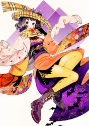Rule 34 | 1girl, bat (animal), black hair, blush, boots, checkered clothes, checkered scarf, commentary, covered mouth, halloween, hands in opposite sleeves, jacket, jacket on shoulders, japanese clothes, kimono, leaf, long sleeves, looking at viewer, maple leaf, obi, orange kimono, pantyhose, red eyes, sash, scarf, short hair, solo, umishima senbon, yellow pantyhose, yellow scarf