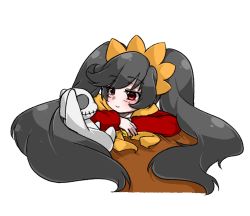 Rule 34 | 1girl, ashley (warioware), big hair, black hair, blush, closed mouth, commentary request, dress, hairband, long hair, long sleeves, looking at another, miina-san, neckerchief, nintendo, orange hairband, orange neckerchief, red dress, red eyes, skull, smile, solo, stuffed animal, stuffed rabbit, stuffed toy, swept bangs, twintails, two-tone background, very long hair, warioware