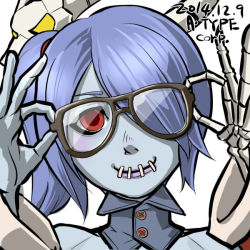 Rule 34 | bespectacled, blue hair, glasses, hair over one eye, leviathan (skullgirls), short hair, skeleton, skullgirls, smile, squigly (skullgirls), zombie