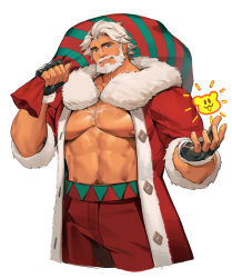 Rule 34 | 1boy, abs, bara, bare pectorals, beard, blue eyes, carrying over shoulder, chest hair, coat, cookie run, cropped legs, eggnog cookie, facial hair, fur-trimmed coat, fur-trimmed gloves, fur trim, gift bag, gloves, head tilt, highres, large pectorals, male focus, mature male, muscular, muscular male, mustache, navel hair, nipples, open clothes, pectorals, red coat, santa costume, short hair, smile, solo, stomach, tengo (maotengo), thick eyebrows, thick thighs, thighs, white hair