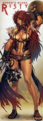 Rule 34 | 00s, 1girl, abs, absurdres, amazon warrior, areola slip, arm up, armband, armor, armpits, barbarian, belt, bikini armor, bracelet, breasts, cameltoe, center opening, cleavage, cleavage cutout, clothing cutout, corset styled armor, corset top, earrings, female focus, full body, fur trim, gradient background, grey eyes, halterneck, headband, highres, jewelry, large breasts, leather, leather armor, lips, long hair, long image, looking at viewer, mace, midriff, muscular, nail polish, navel, no bra, queen&#039;s blade, red hair, risty (queen&#039;s blade), sandals, scan, scar, scar on breast, scar on chest, shield, solo, standing, tall image, tan, tattoo, torn clothes, tsukasa jun, turtleneck, very long hair, warrior, weapon