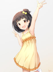 Rule 34 | 1girl, :d, arm up, armpits, artist name, bare arms, bare shoulders, basa rutan, black hair, blush, bow, breasts, brown eyes, collarbone, dress, flower, grey background, hair bow, hair flower, hair ornament, hand up, highres, idolmaster, idolmaster million live!, leaning to the side, nakatani iku, one side up, open mouth, simple background, sleeveless, sleeveless dress, small breasts, smile, socks, solo, standing, standing on one leg, v, white flower, white socks, yellow bow, yellow dress