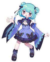 Rule 34 | 1girl, :d, bare shoulders, black bow, black footwear, blue dress, blue sleeves, blush stickers, bow, butterfly-shaped pupils, colored tips, detached sleeves, double bun, dress, fang, frilled dress, frills, full body, green hair, hair bow, hair bun, hair ornament, hololive, juliet sleeves, k mugura, long sleeves, looking at viewer, multicolored hair, open mouth, puffy sleeves, red eyes, shoes, simple background, skull hair ornament, sleeveless, sleeveless dress, sleeves past wrists, smile, solo, standing, standing on one leg, symbol-shaped pupils, uruha rushia, uruha rushia (1st costume), virtual youtuber, white background, wide sleeves