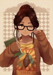 Rule 34 | 1girl, ;), black-framed eyewear, book, brown eyes, brown hair, cardigan, cocoa (meago), collarbone, dark-skinned female, dark skin, food-themed clothes, glasses, hair bun, meago, one eye closed, open cardigan, open clothes, original, personification, ribbed sweater, shirt, single hair bun, smile, solo, sweater, t-shirt, updo, wink, yellow shirt