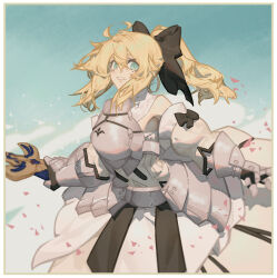Rule 34 | 18660081532, 1girl, absurdres, armor, armored dress, artoria pendragon (fate), bare shoulders, black bow, blonde hair, border, bow, breastplate, cowboy shot, fate/grand order, fate (series), gauntlets, green eyes, hair between eyes, hair bow, high ponytail, highres, holding, holding sword, holding weapon, long hair, looking at viewer, outstretched arms, parted lips, solo, spread arms, sword, weapon, white border